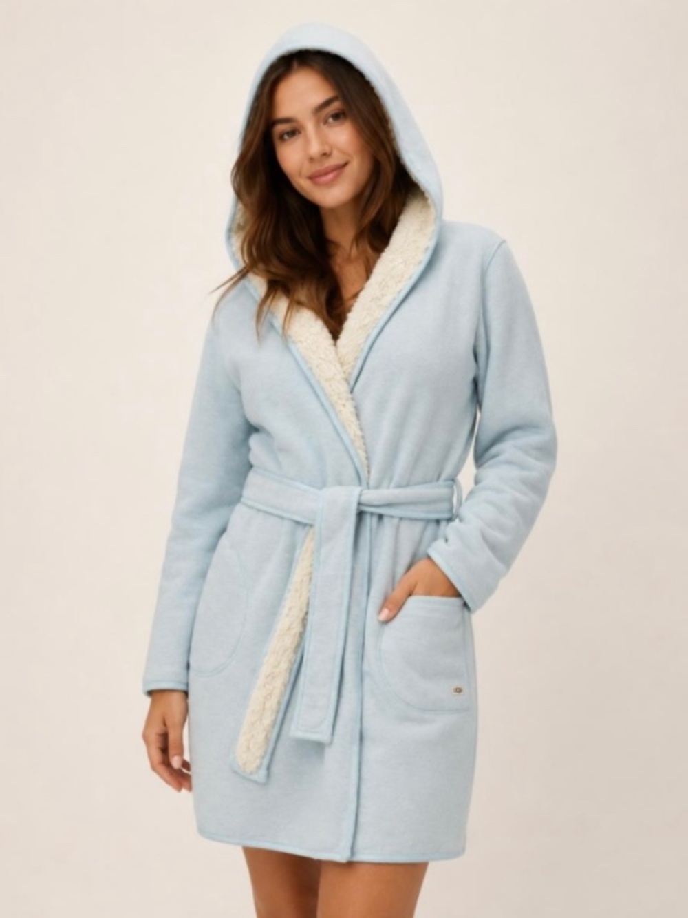 UGG Portola Hooded Seashell Blue Faux Fur Plush Robe Size XL
